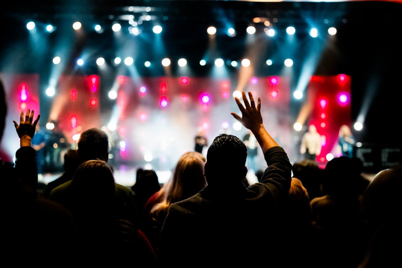 A lively concert scene with an enthusiastic crowd enjoying a vibrant stage performance.