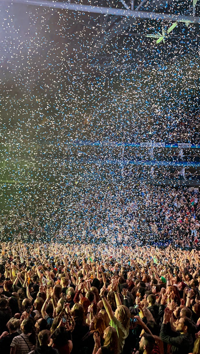 Energetic concert scene with confetti shower over excited crowd.