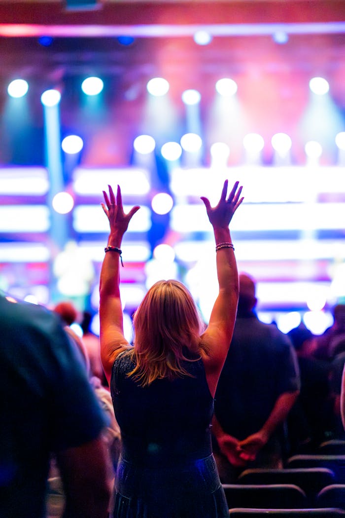 A vibrant concert scene with people cheering and illuminated stage lights.