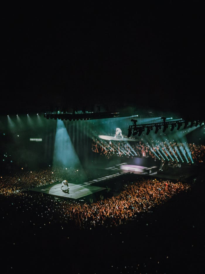Vibrant concert featuring an artist on stage with immersive lighting and crowd engagement.